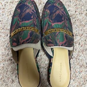 Marc Fisher Navy, Green and Pink Floral Chain-Trim Mules